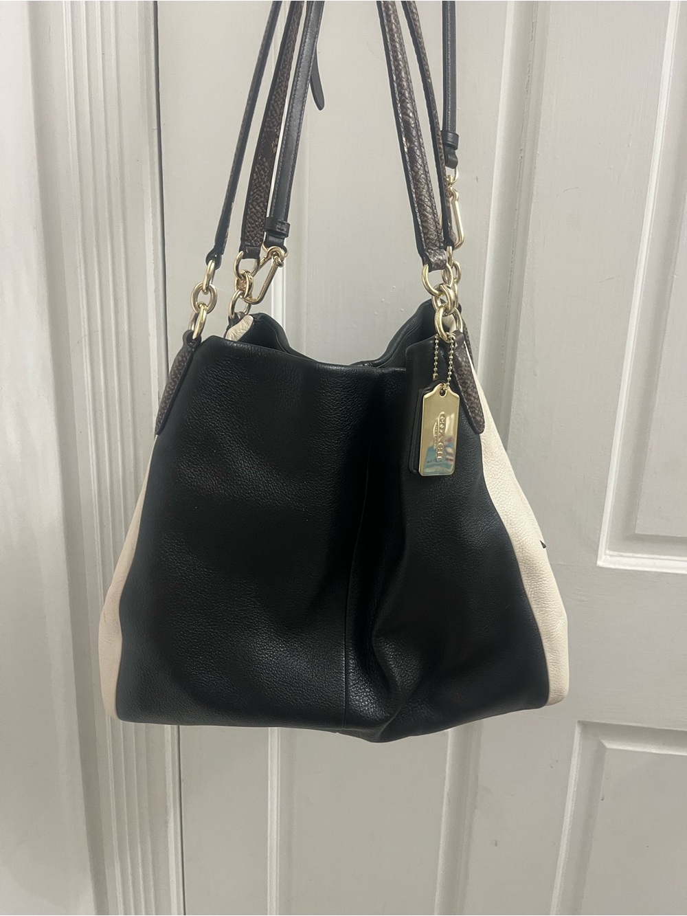 Coach Turnlock Edie colorblock leather bag with snakeskin detail.